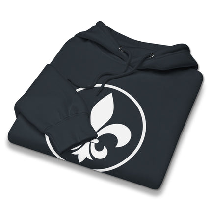 Pullover hoodie featuring a classic Fleur De Lis graphic print, symbolizing French royalty.