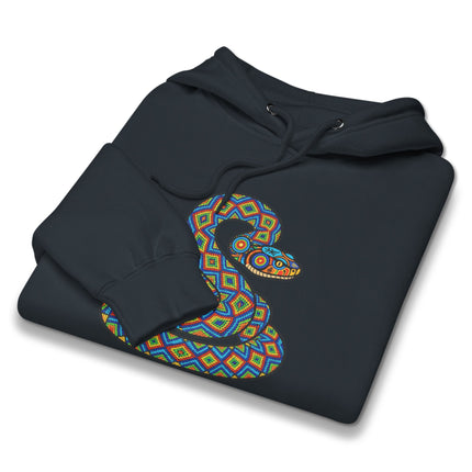 Huichol rattlesnake folk art geometric pattern on a colorful pullover hoodie.