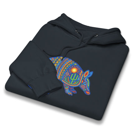 Vibrant Huichol art hoodie featuring colorful Mexican motifs of an armadillo, sun, and cactus.