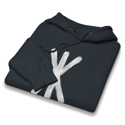 Black hoodie featuring a Norse Strength Bind rune symbol design. Unisex Viking mythology apparel.