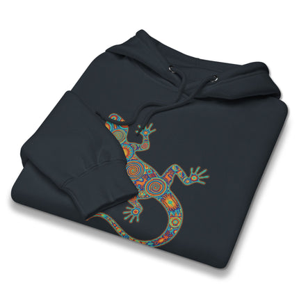 Colorful Huichol folk art gecko lizard pullover hoodie with vibrant Mexican patterns.