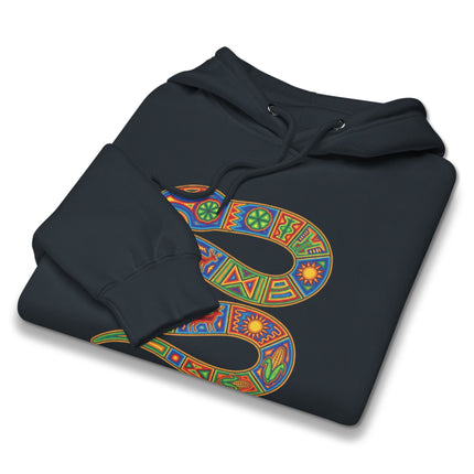 Colorful Huichol Naaye Snake hoodie featuring indigenous Mexican folk art design pullover.