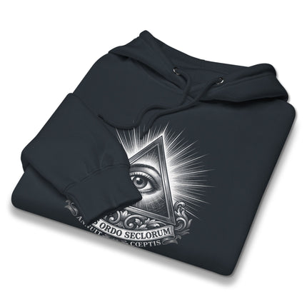 Black hoodie featuring the Eye of Providence and illuminated pyramid graphic design.