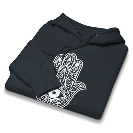 Protective hamsa hand and evil eye mandala print on a black pullover hoodie.