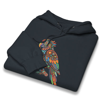 Huichol parrot spirit animal art hoodie featuring a vibrant bohemian mandala bird design print.