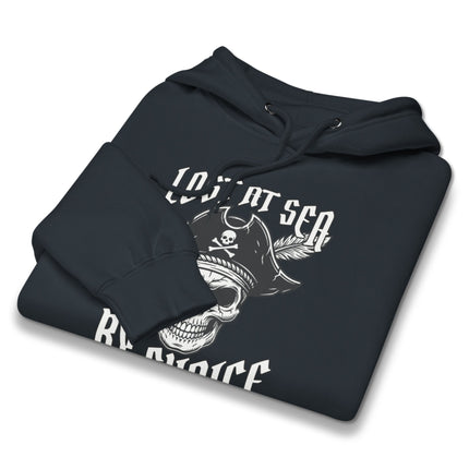 Nautical pirate skull hoodie featuring "Lost At Sea By Choice" rebel freedom text.