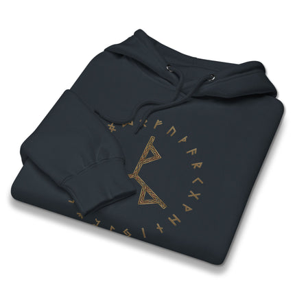 Norse Futhark rune circle design on a Viking power bind pullover hoodie.