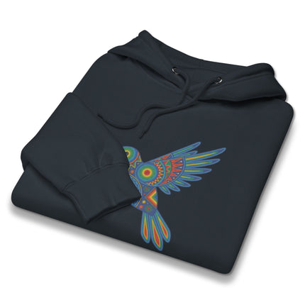 Colorful Huichol hummingbird design graphic pullover hoodie featuring indigenous art.
