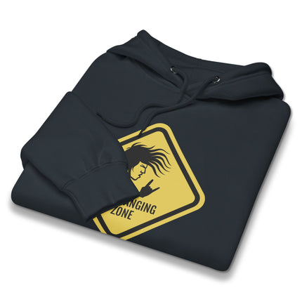 Rock On Metal Headbanging Zone warning sign graphic pullover hoodie design.