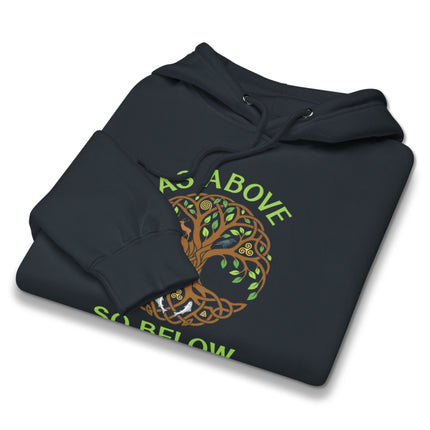 As Above So Below Tree of Life hoodie featuring detailed Celtic knots and spiritual symbolism.