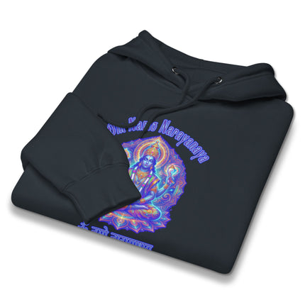 Om Namah Narayanaya Vishnu mantra graphic on a psychedelic Hindu pullover hoodie.