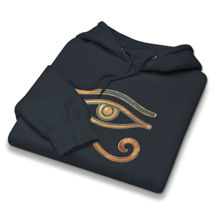 Blue and gold Eye of Horus hoodie featuring ancient Egyptian Wadjet symbol print.