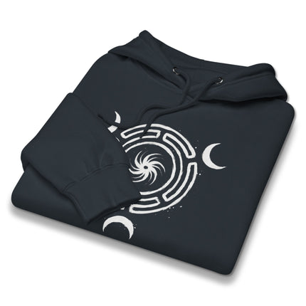 Witchy triple moon goddess hoodie featuring Hekate's Wheel design. Celestial pullover print.
