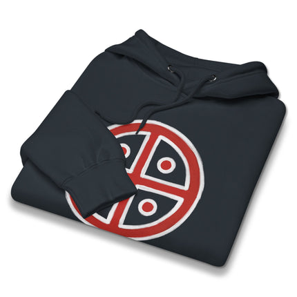 Solar cross pagan sun wheel graphic on a unisex pullover hoodie featuring ancient celestial symbols.