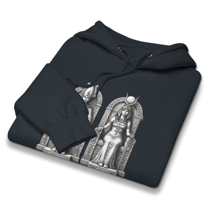 Ancient Egyptian deities Isis and Osiris graphic hoodie featuring mythological art print.