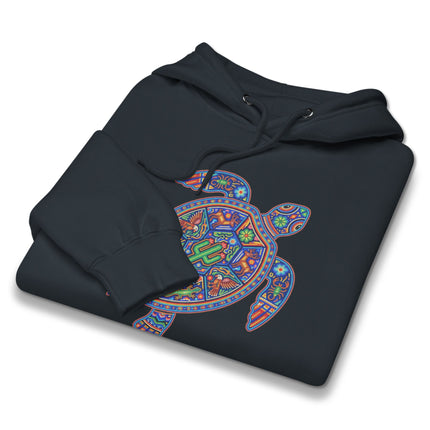 Vibrant Huichol style turtle graphic print on a comfortable pullover hoodie.