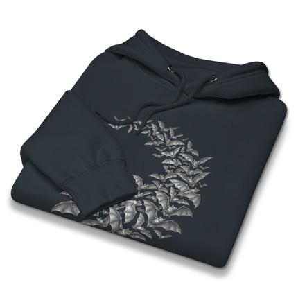 Bat swarm circular graphic pullover hoodie in gothic animal style.