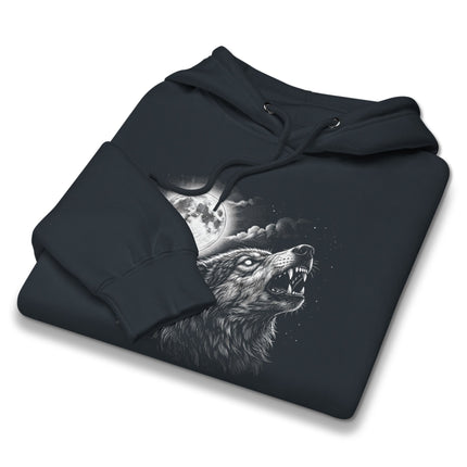 Full moon howling wolf night sky graphic pullover hoodie design.