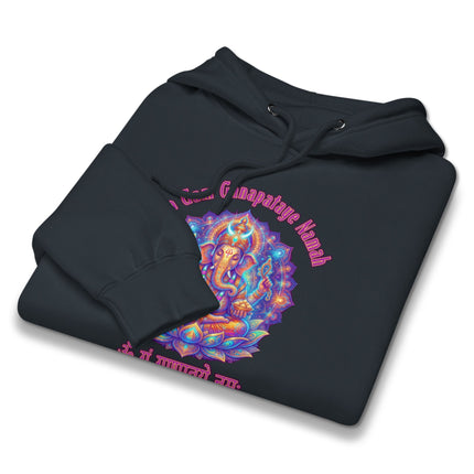 Vibrant Ganesha God print on unisex pullover hoodie featuring Om Gam Ganapataye Namah mantra.