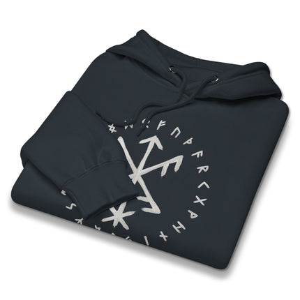 Black Success Bind rune hoodie featuring Nordic Elder Futhark Viking symbols print.
