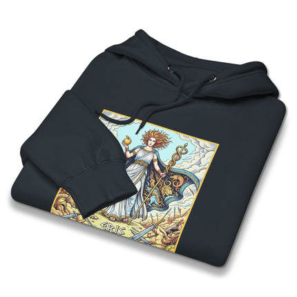 Eris Goddess of Discord hoodie featuring a golden apple and Greek mythology design print.