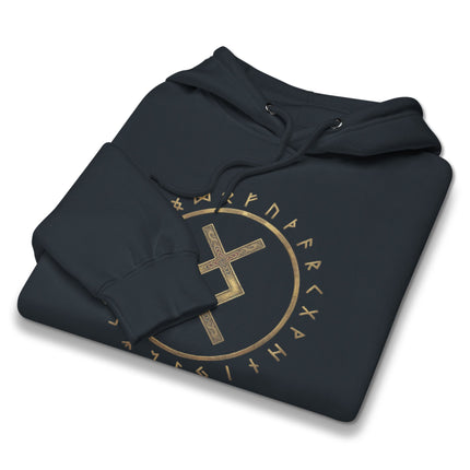 Norse Viking hoodie featuring Inguz rune and full Futhark alphabet graphic print.