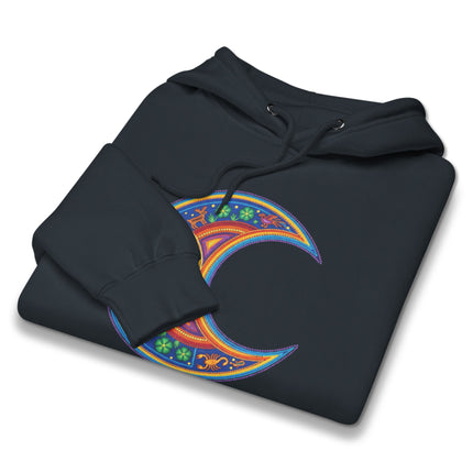 Colorful Huichol art hoodie featuring a detailed indigenous crescent moon design pullover.