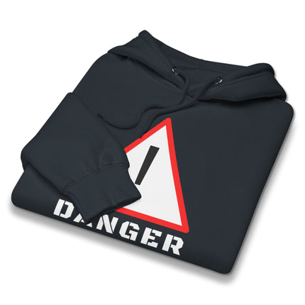 Danger warning sign graphic hoodie featuring an exclamation point print on fleece pullover.