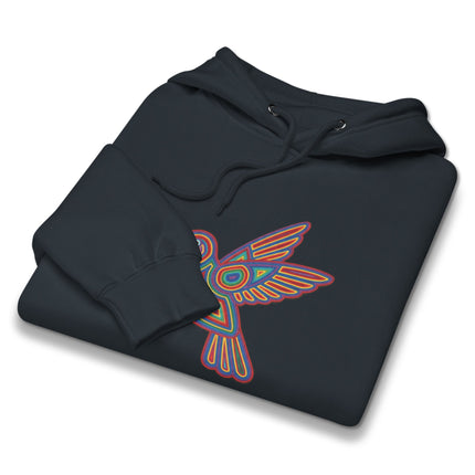 Colorful Huichol hummingbird art pullover hoodie featuring indigenous bird symbolism.
