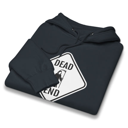 Dead End Grim Reaper hoodie featuring a death scythe graphic on a unisex pullover sweatshirt.