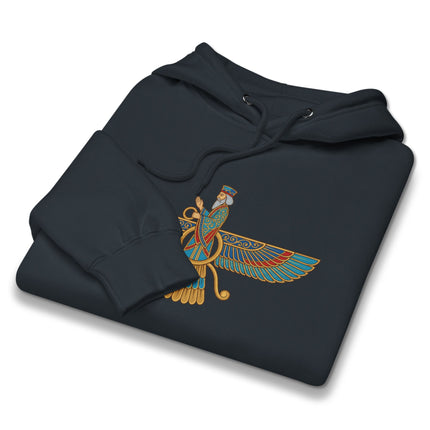 Zoroastrian Faravahar symbol pullover hoodie featuring the winged Ahura Mazda ancient Persian design.