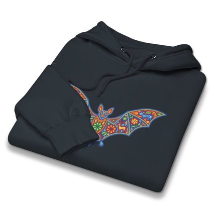 Colorful Huichol bat art hoodie featuring traditional Mexican indigenous folk art design.