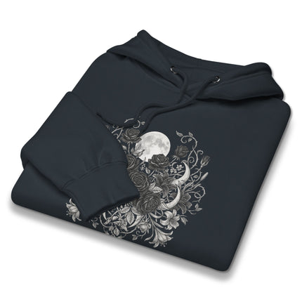 Celestial moon and black rose graphic printed on a dark witchy aesthetic hoodie.