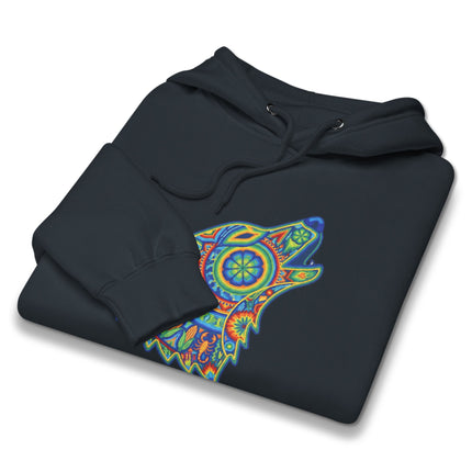 Vibrant Huichol tribal art hoodie featuring a howling wolf design from Mexico.