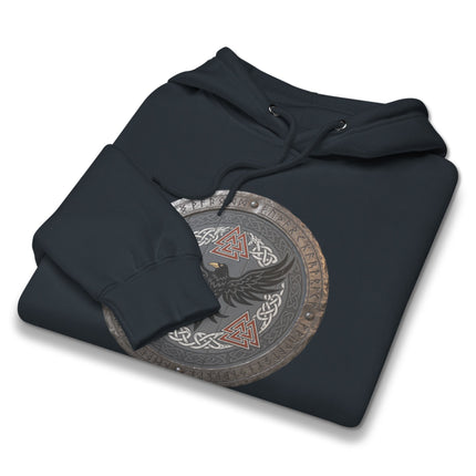 Norse raven shield hoodie featuring Viking mythology art and detailed runic symbols.