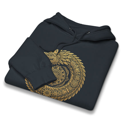 Feathered Serpent Sacred Geometry Hoodie featuring an intricate gold mandala print.