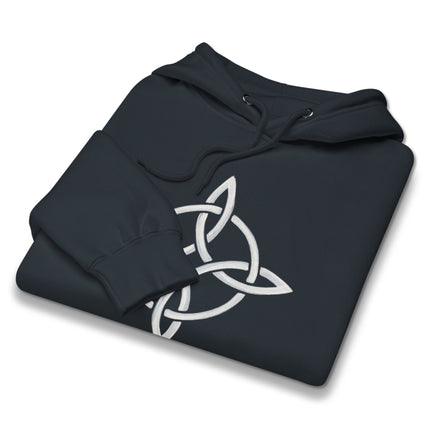 Witch's Knot Celtic symbol graphic on a black protective pullover hoodie.