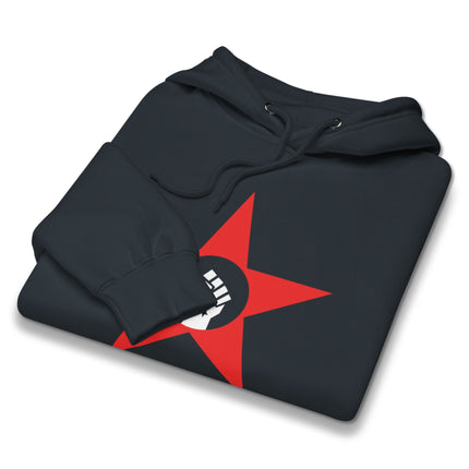 Red Star and socialist fist graphic design on a protest pullover hoodie.