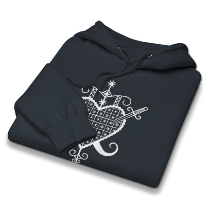 Gothic Voodoo hoodie featuring Erzulie Dantor, celestial heart, and sacred geometry designs print.
