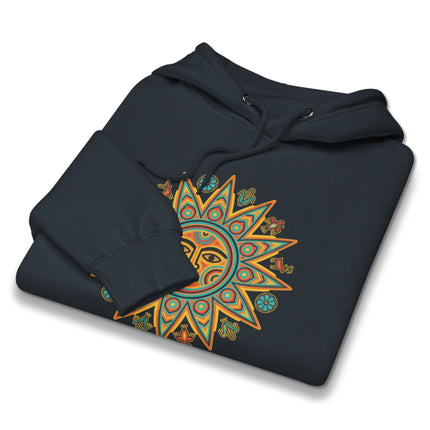 Vibrant Huichol art graphic printed on a colorful Mexican indigenous style fleece pullover hoodie.