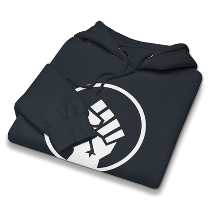 Socialist raised fist symbol graphic on black activist pullover hoodie.