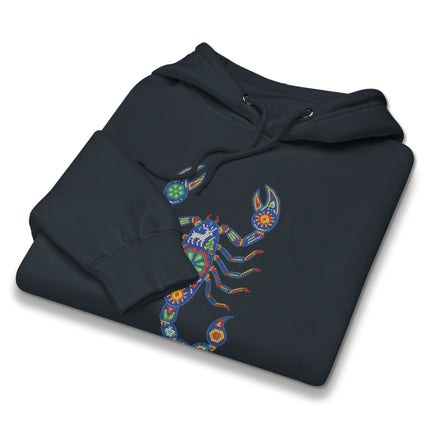 Vibrant Huichol scorpion pattern hoodie featuring traditional Mexican folk art print.