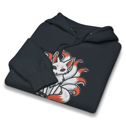Nine-tailed fox kitsune hoodie featuring Japanese mythology spirit art print pullover.
