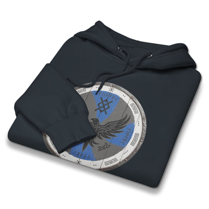 Viking raven shield graphic hoodie featuring Norse mythology warrior pagan art design.