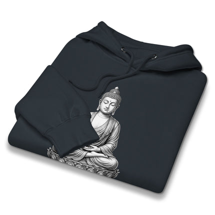 Meditating Buddha graphic print on a peaceful Zen mindfulness pullover hoodie.