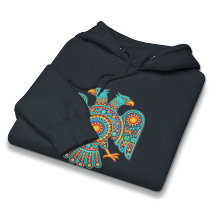 Two Headed Eagle Huichol art hoodie with vibrant Mexican folk pattern print.
