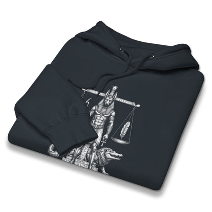 Anubis Scale of Justice hoodie featuring Egyptian god weighing heart motif.