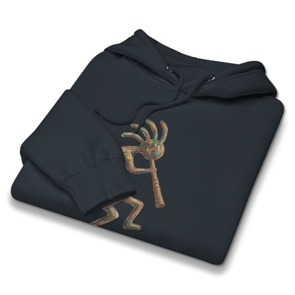 Southwestern Kokopelli flute player graphic printed on a comfortable pullover hoodie.