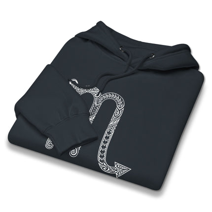 Black pullover fleece hoodie featuring a tribal Scorpio zodiac symbol graphic print.