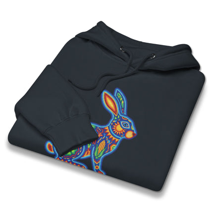Colorful Huichol rabbit hoodie featuring vibrant Mexican folk art inspired design print.